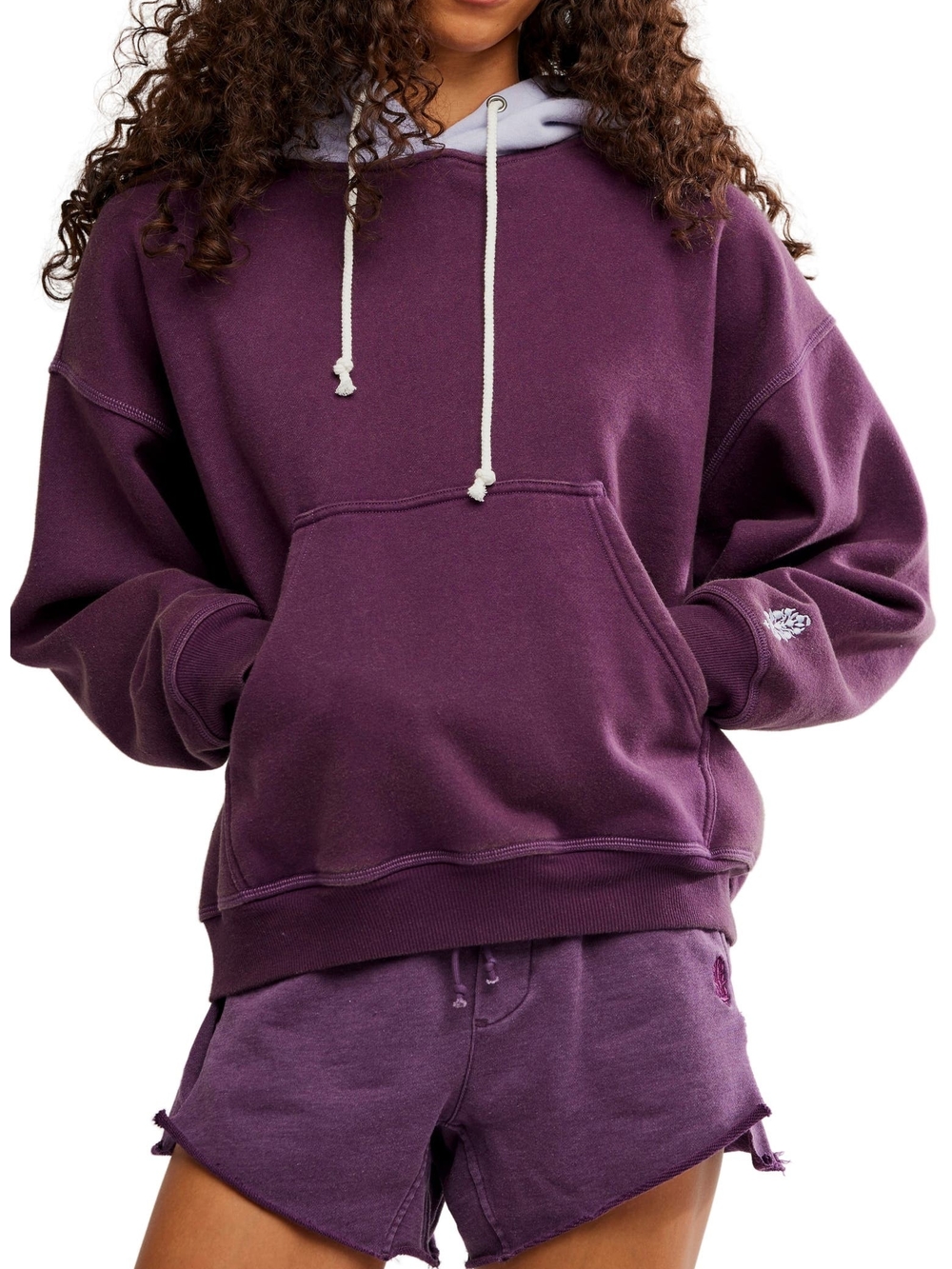 Free People Oversized Crewneck Hoodie in Plum with Contrast Drawstrings